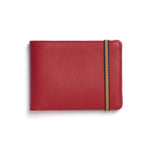 Red rectangular leather wallet with light brown elastic strap around one end.