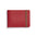 Red rectangular leather wallet with light brown elastic strap around one end.