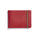 Red rectangular leather wallet with light brown elastic strap around one end.