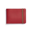 Red rectangular leather wallet with light brown elastic strap around one end.