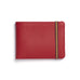 Red rectangular leather wallet with light brown elastic strap around one end.